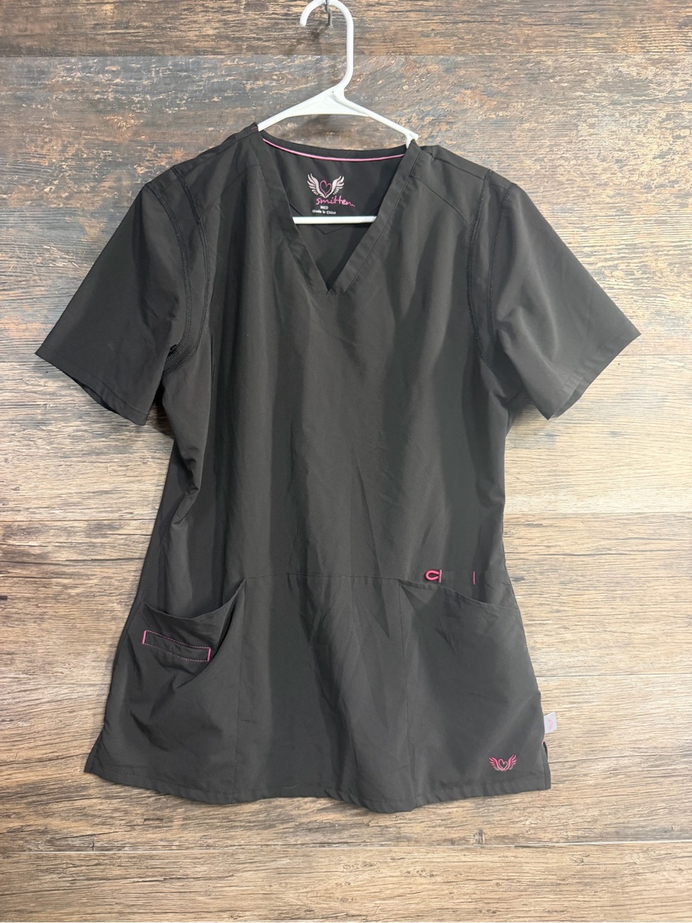 smitten Black Short Sleeve V-Neck Scrub Top with Pink Accents